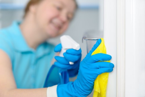 Evening commercial cleaning work in a West London office building