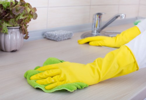 Professional home cleaner working in a bathroom in W12